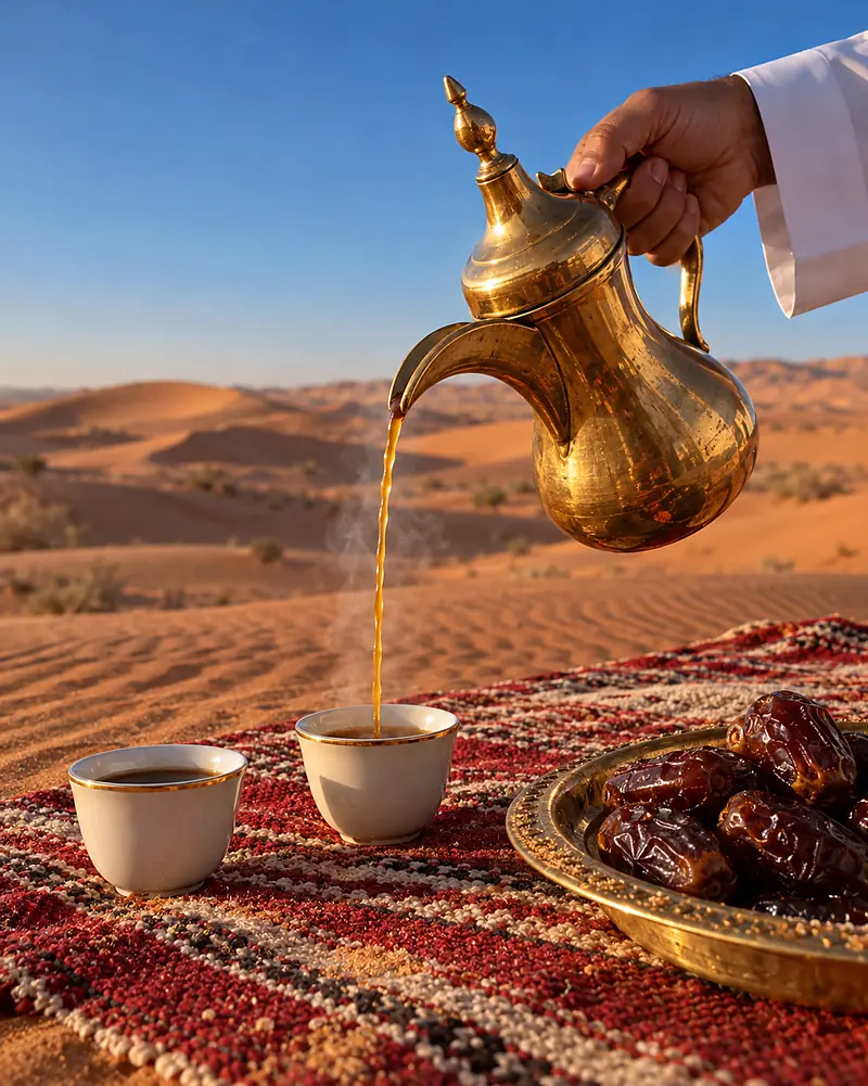 Cardamom coffee poured from a brass dallah on the dune ridge