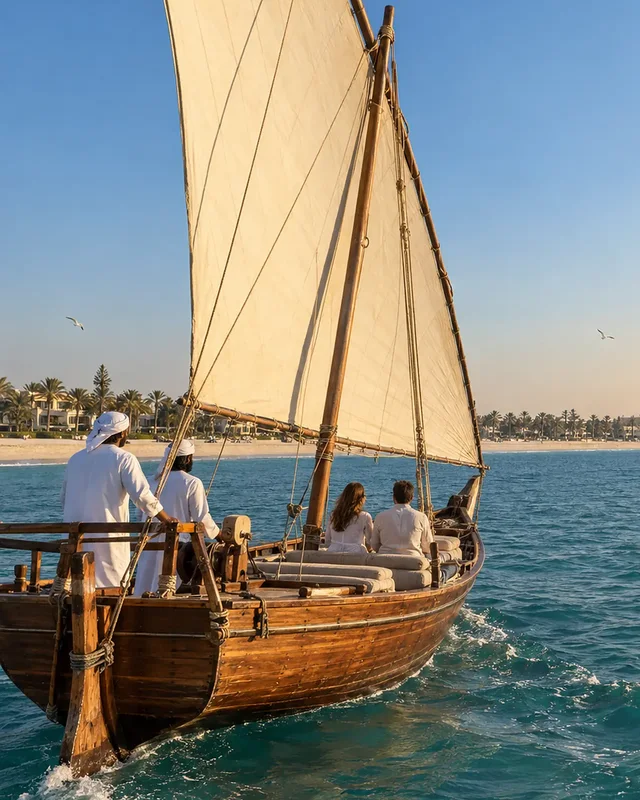 The dhow under its lateen sail off the Jumeirah coast, guests on cushions on deck