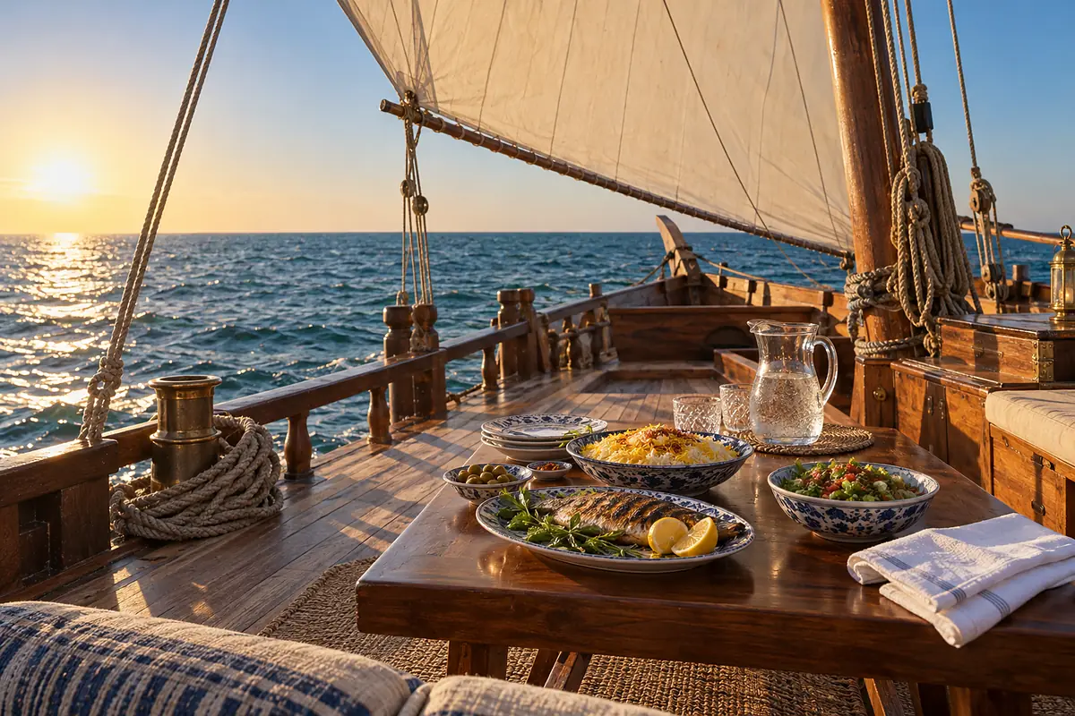Lunch laid on the teak deck of the dhow under its cream sail: grilled hammour, saffron rice and mezze, the sun low over the Gulf