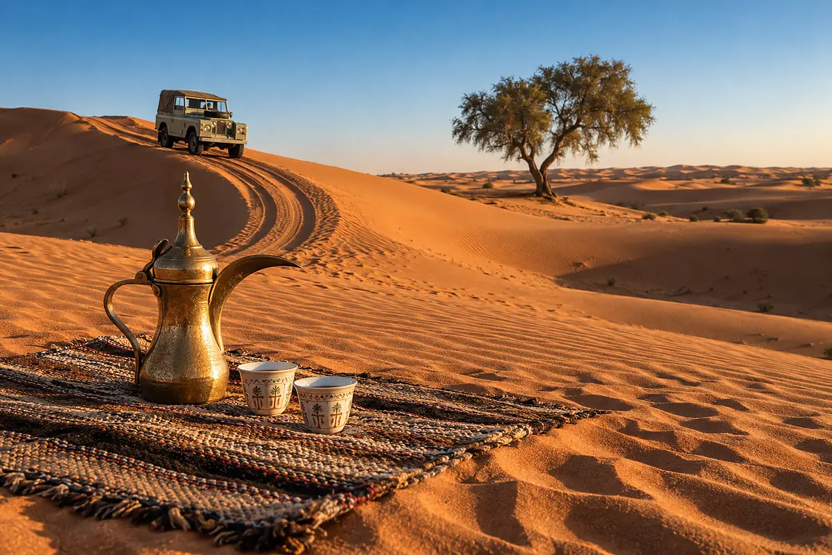 A brass dallah and coffee cups on a rug on the dune ridge, tyre tracks curving down to the Land Rover