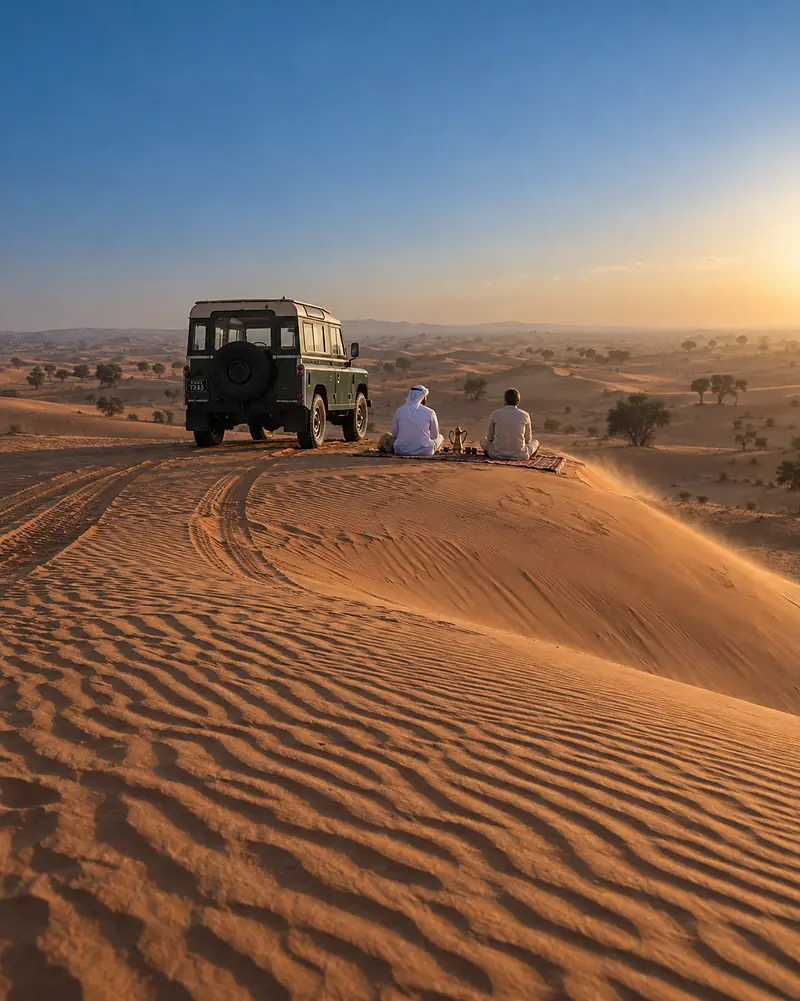 A restored Land Rover on a red dune ridge at Al Marmoom, the guide and a guest sitting on a rug beside it