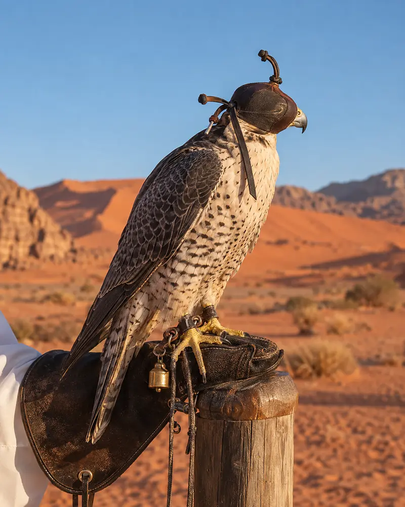 A hooded peregrine falcon on a leather glove, red dunes behind