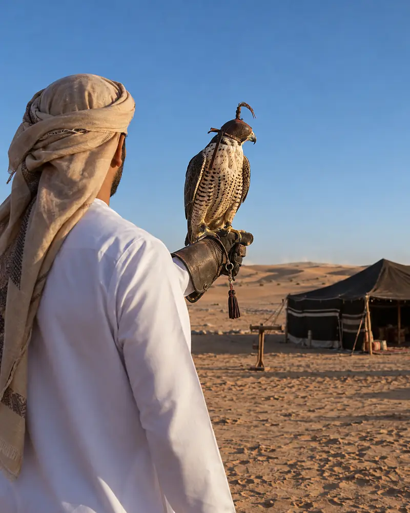 A falconer seen from behind with a hooded peregrine on his glove, his tent on the sand beyond