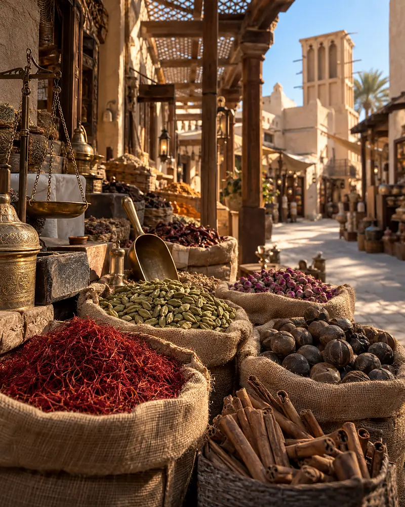 Open sacks of saffron, cardamom and dried lemons in the spice souk, a wind tower beyond