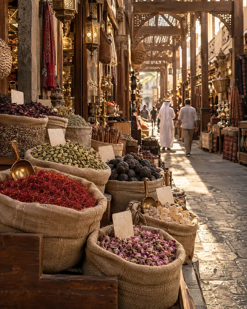 A spice souk lane with sacks of saffron and cardamom under a timber arcade