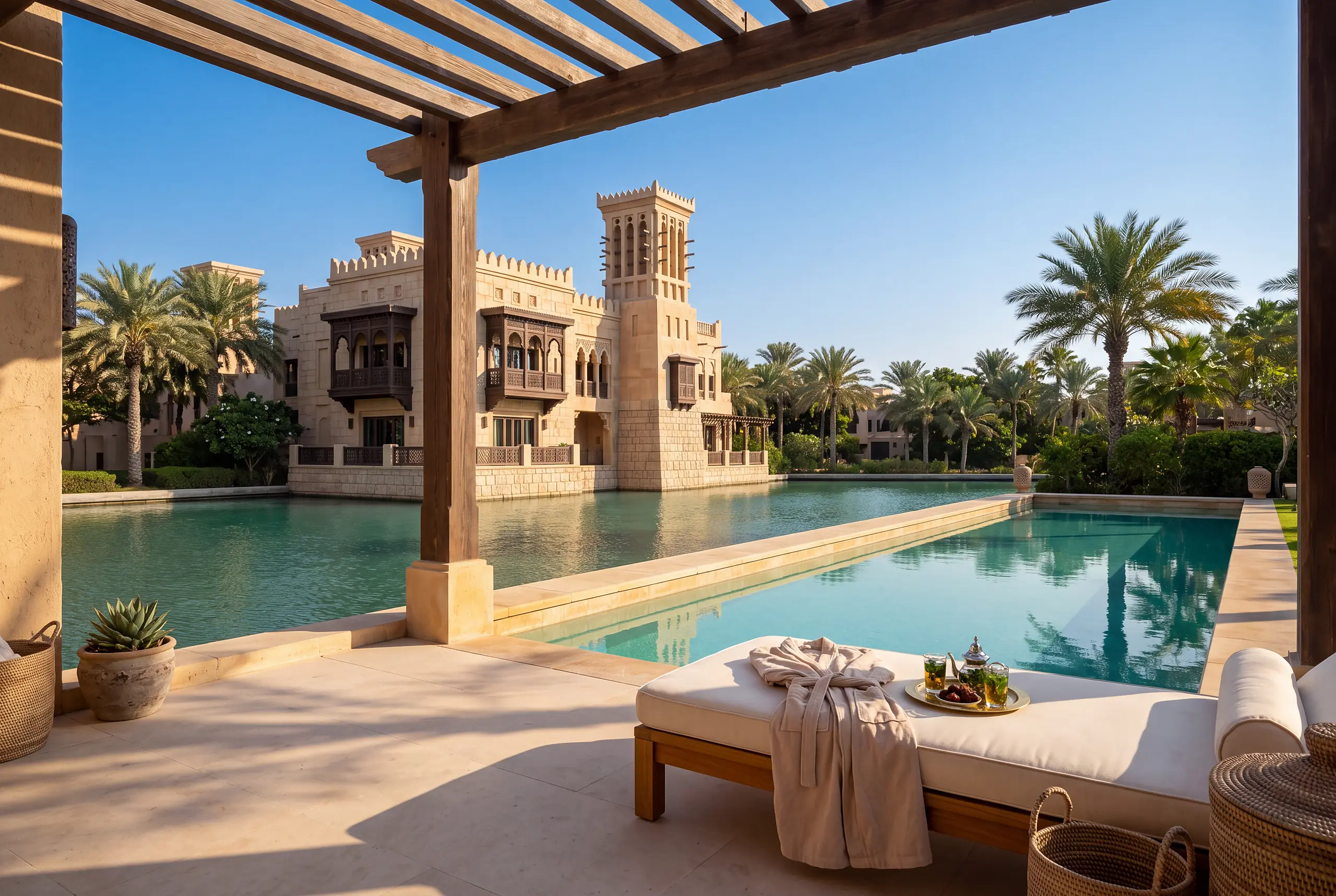 A villa terrace with a plunge pool and a day bed laid with a linen robe and mint tea, the palace tower across the lagoon