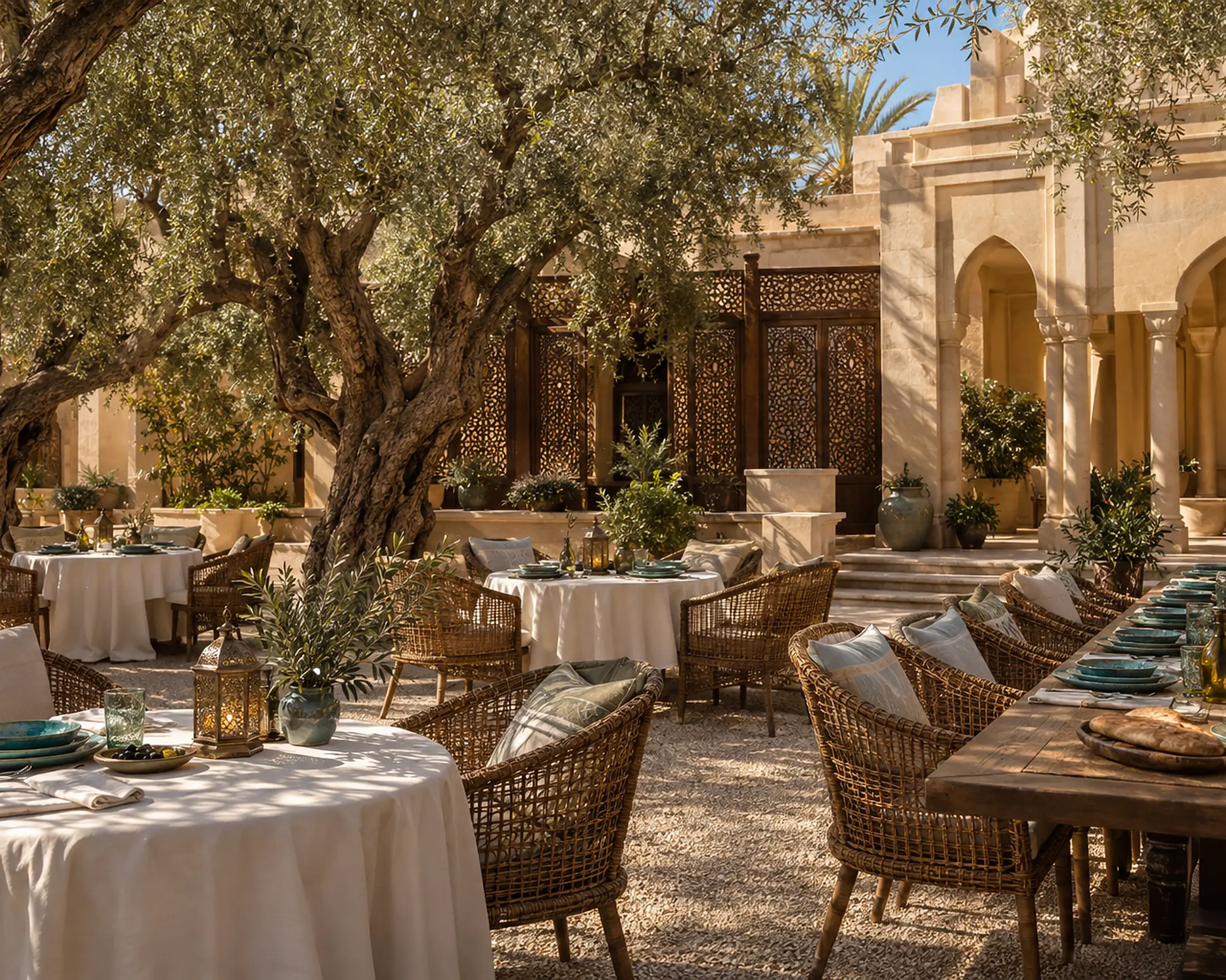 Tables laid for lunch under the olive trees of the garden court