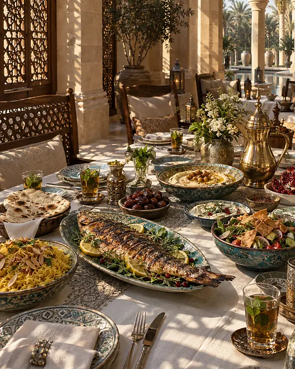 Grilled hammour, saffron rice and mezze on a linen table