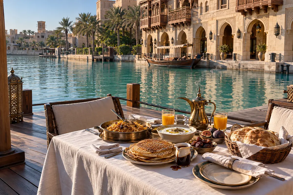 A breakfast table laid on the timber terrace over the lagoon, the palace arcade behind