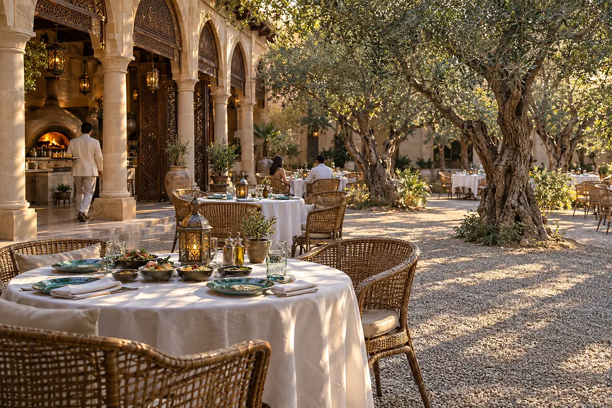 Tables under the olive trees of the garden court, laid for a late lunch