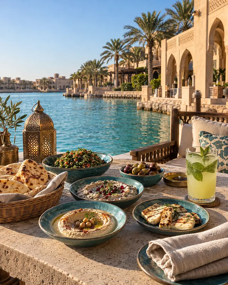 Mezze on hand-glazed turquoise plates: hummus, muhammara and warm khubz