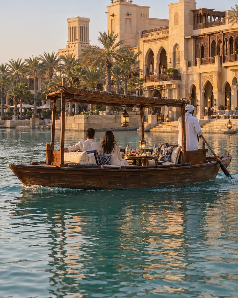 An abra with a low table and cushions crossing the lagoon at sunset