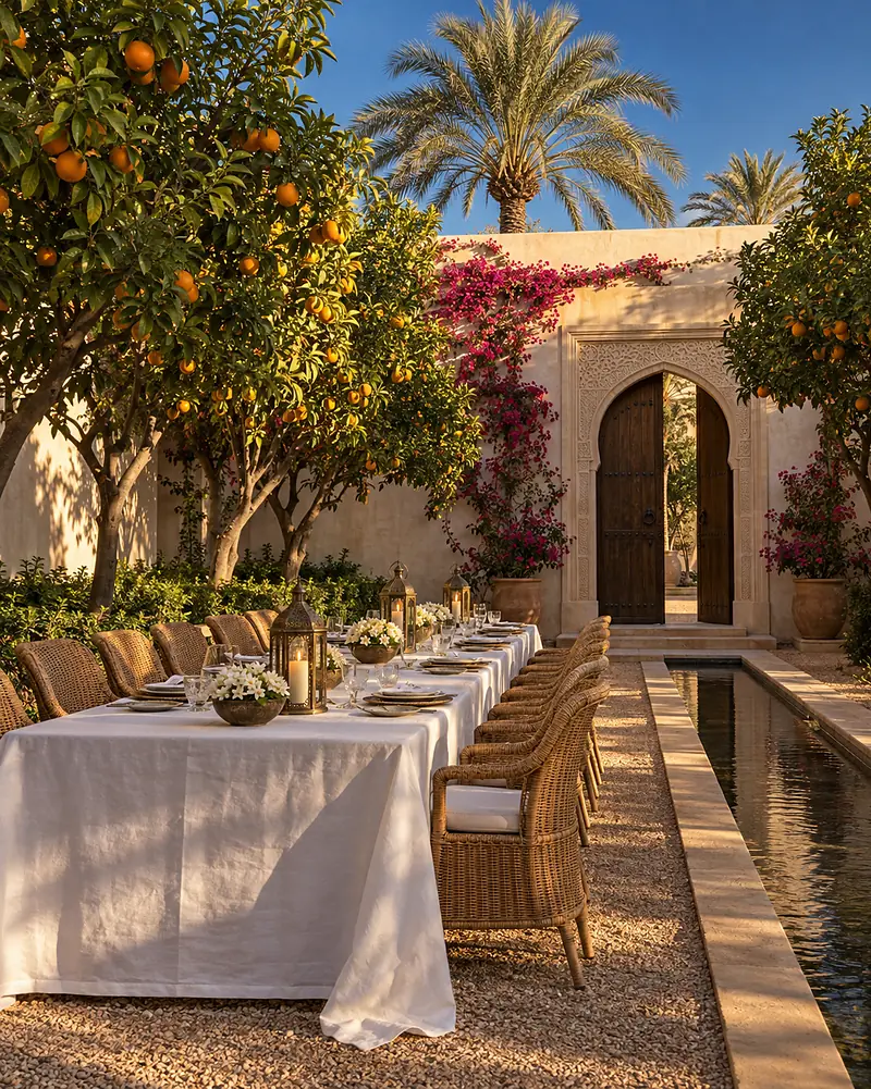 A long table laid with linen and candles between clipped orange trees in the walled garden