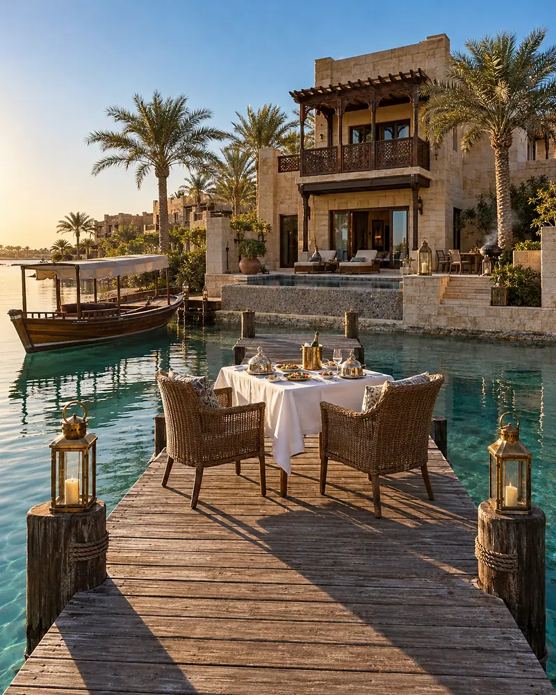 A table for two laid at the end of a timber villa jetty over turquoise water