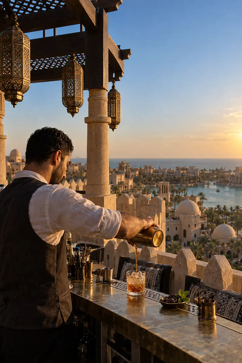 A bartender in profile pours an amber cocktail under the timber lantern on the tower roof