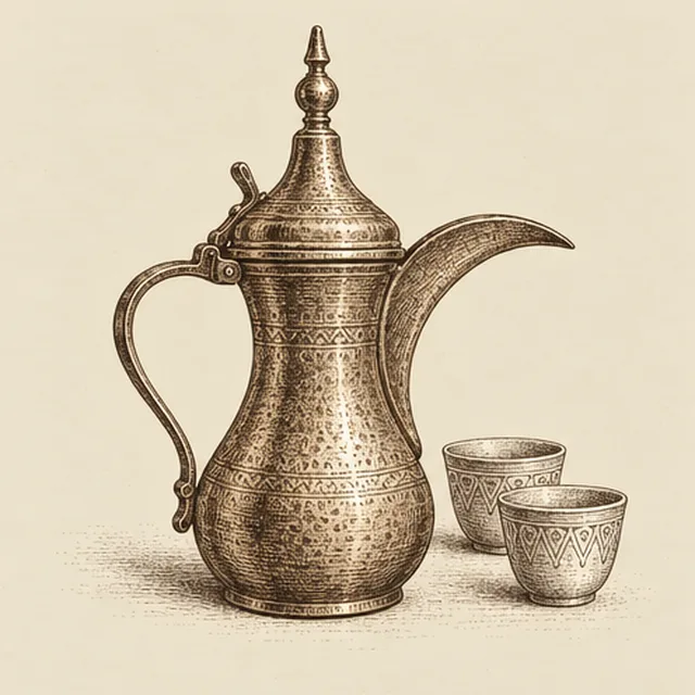 Engraving of a brass dallah coffee pot and two cups
