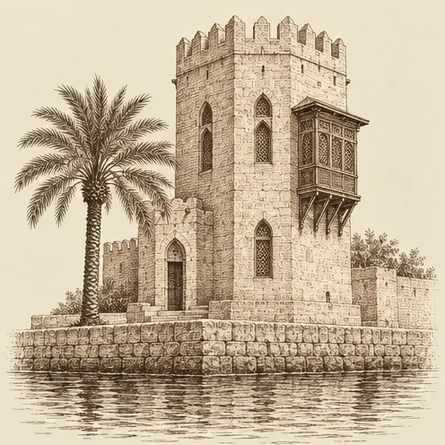 Engraving of the palace tower and a date palm on the quay