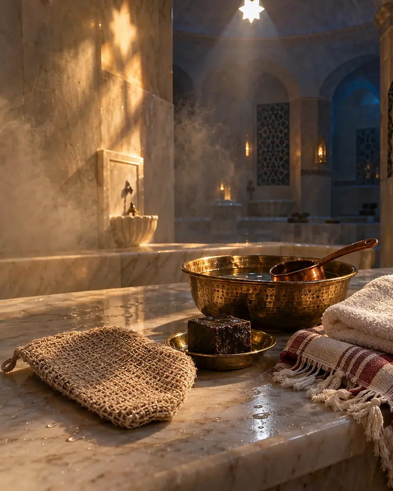 A woven kese mitt, a cake of olive black soap in a brass dish, a hammered brass bowl with a ladle and a striped pestemal on the warm marble bench