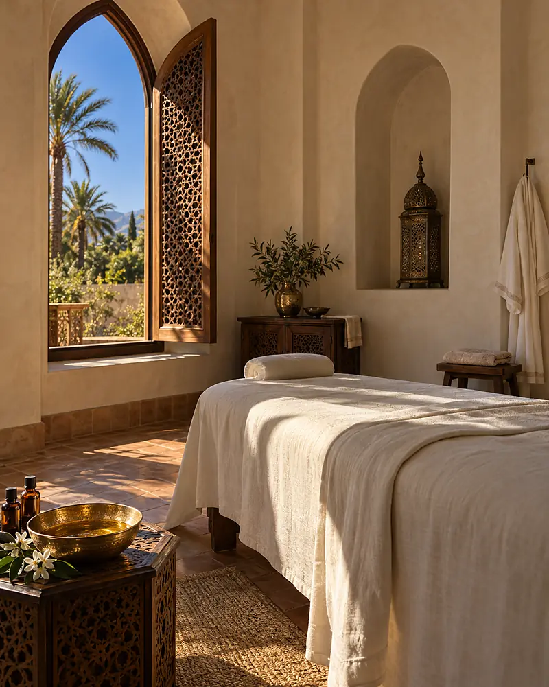 Warm argan oil in a brass bowl beside folded linen on a massage table in the cool room