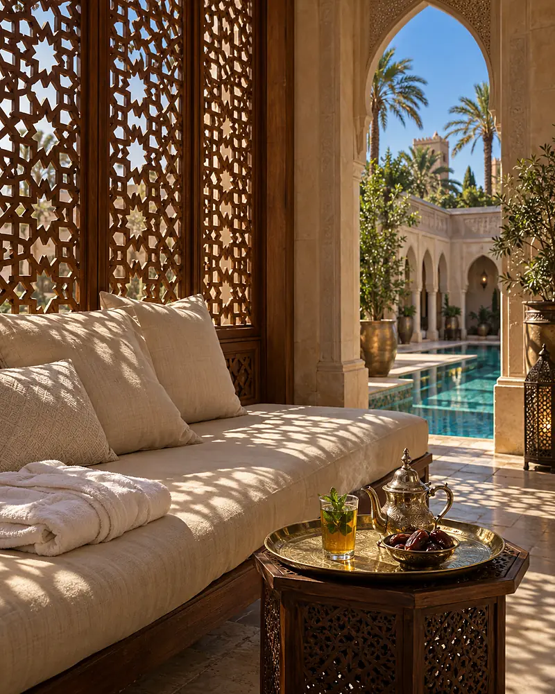 Mint tea, dates and a folded linen robe on a daybed in the cool room above the pool