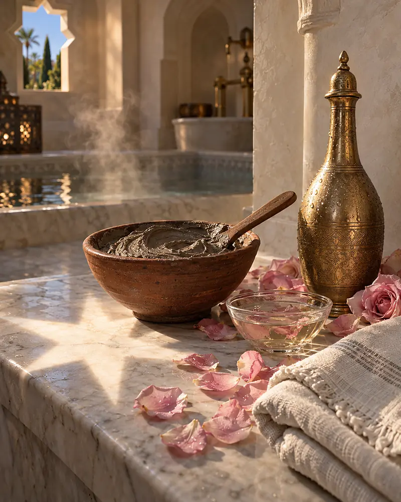 A bowl of rhassoul clay beside a brass flask of rose water and loose rose petals on marble