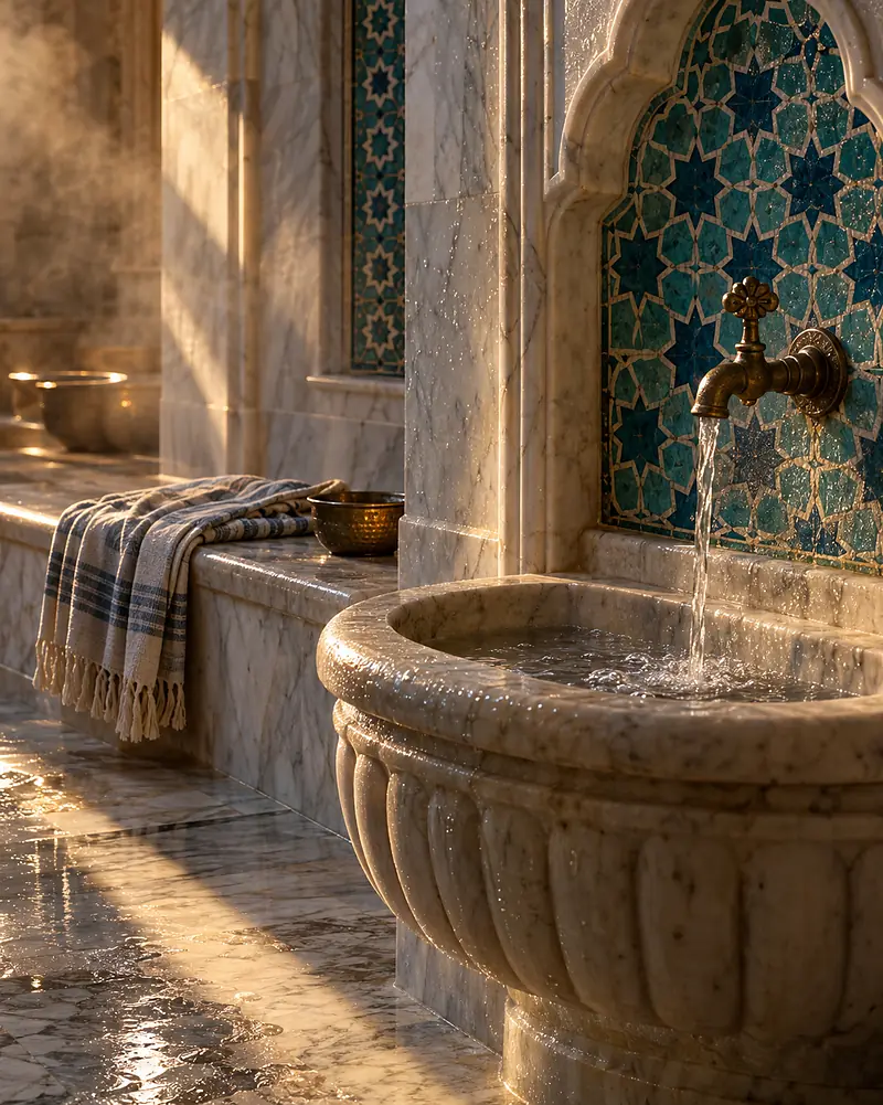 Steam drifting past a marble basin and a zellige star niche in the steam room, lit by a shaft of sun