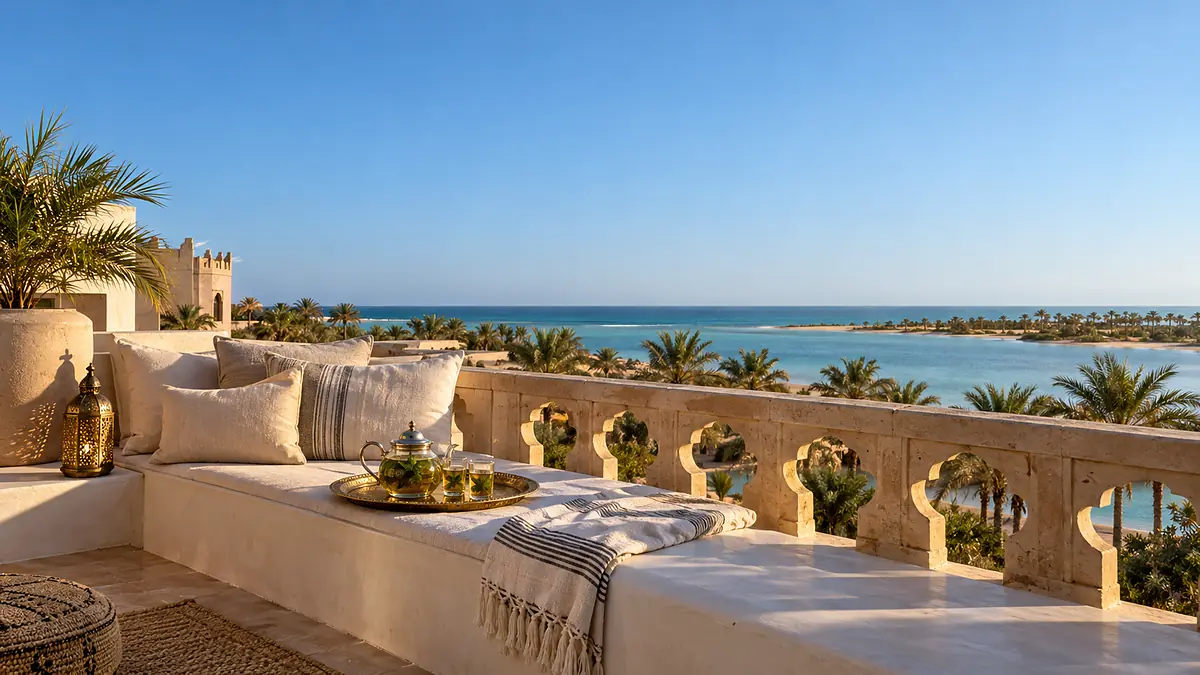 Mint tea on the cool rest terrace above the hammam, the lagoon below under a clear late-afternoon sky
