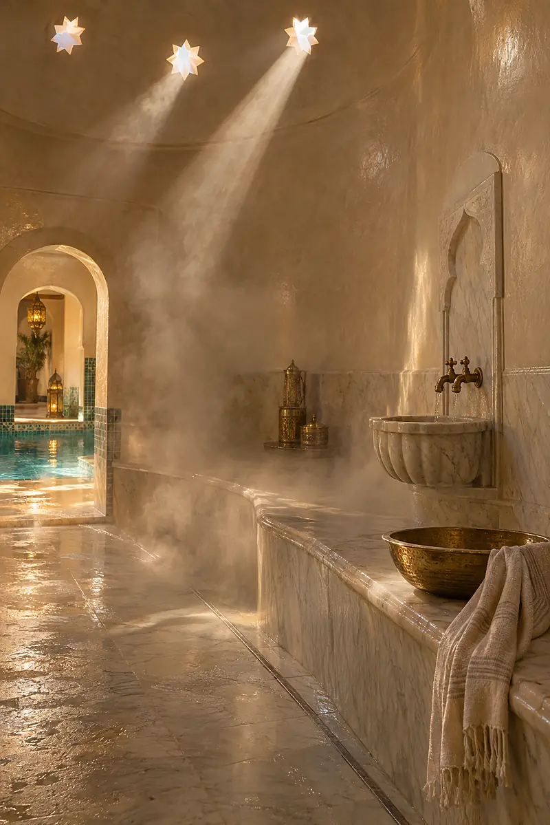 Steam rising off a marble bench in the warm room, sunlight falling through the dome