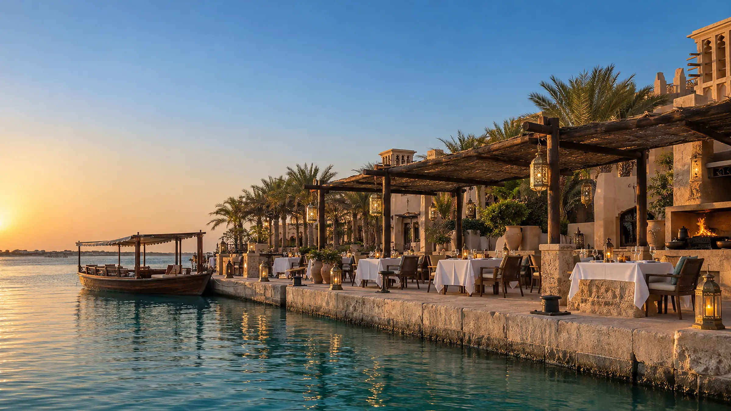 Tables laid along the palace quay at sunset, an abra moored at the lagoon's edge
