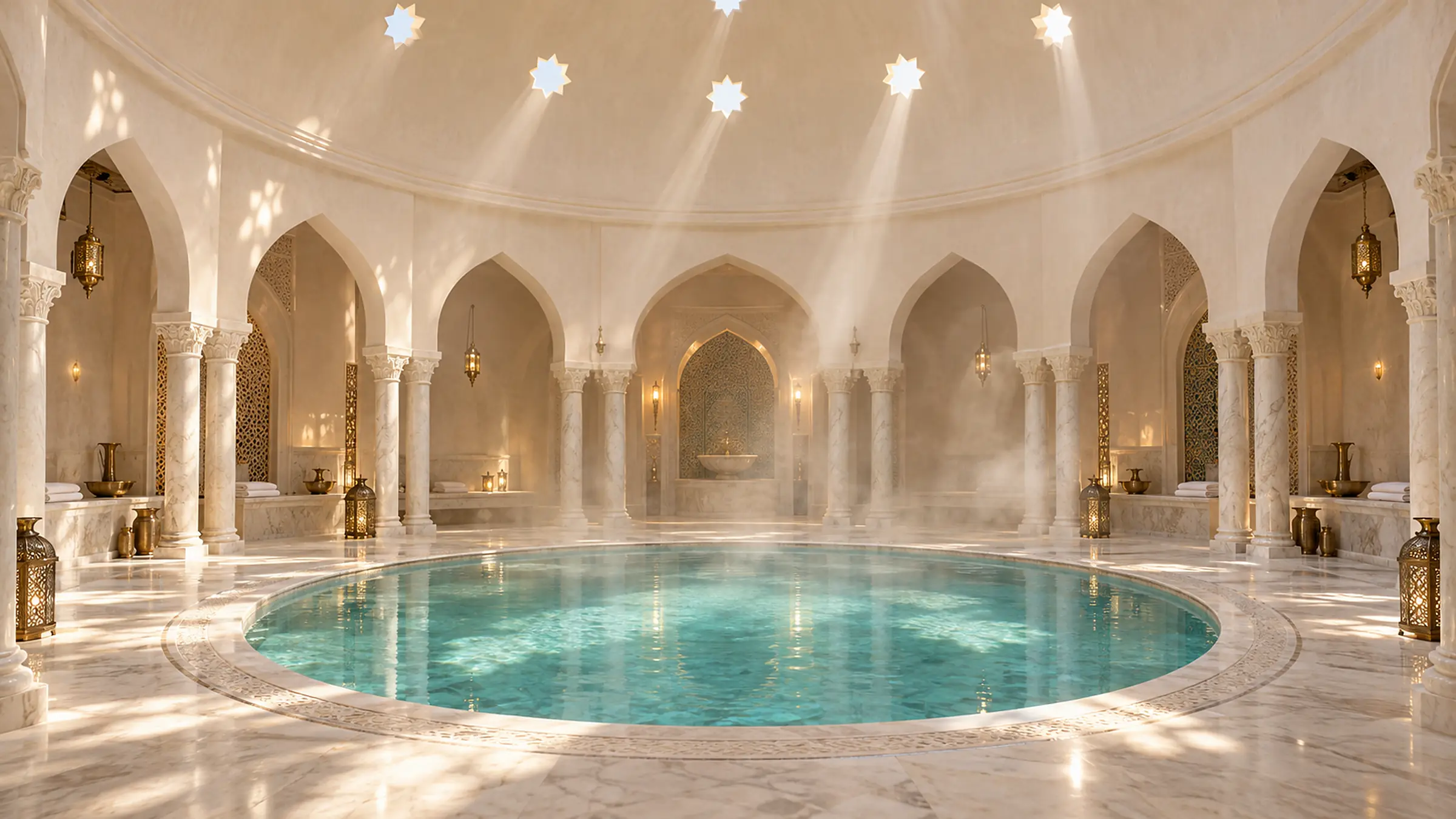 The round hammam pool under the dome, shafts of sun falling through star-shaped openings onto white marble