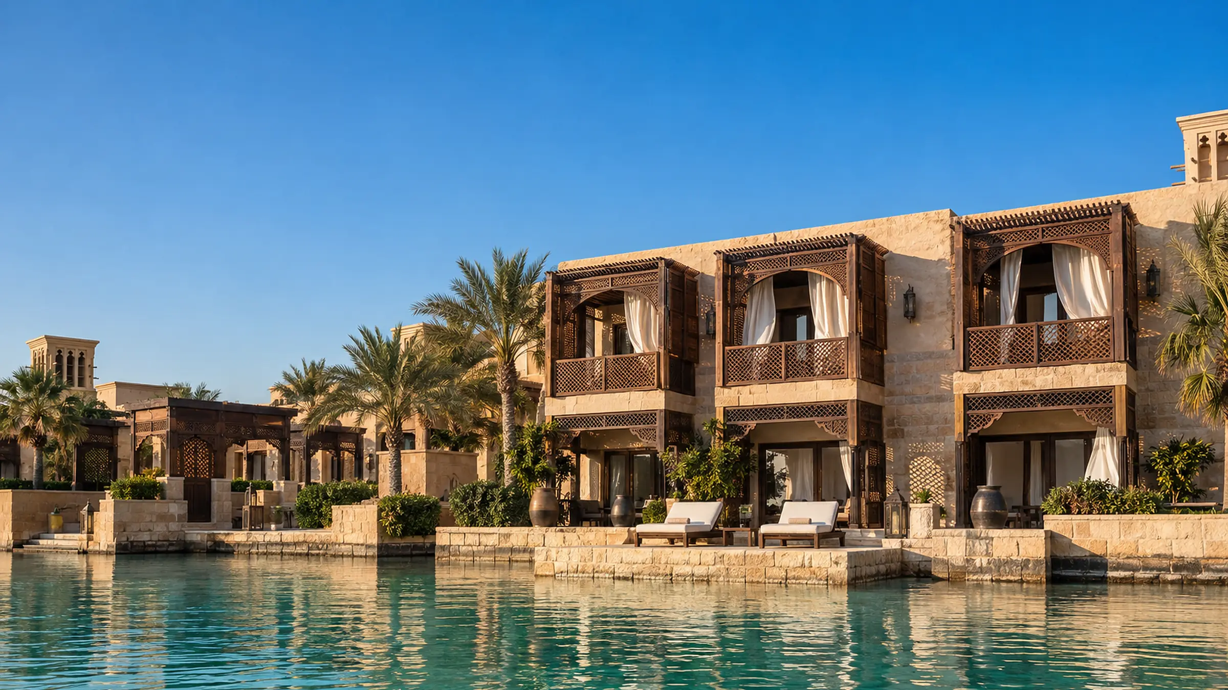 Carved cedar balconies of the Lagoon Rooms above the turquoise lagoon at Dar Zilal