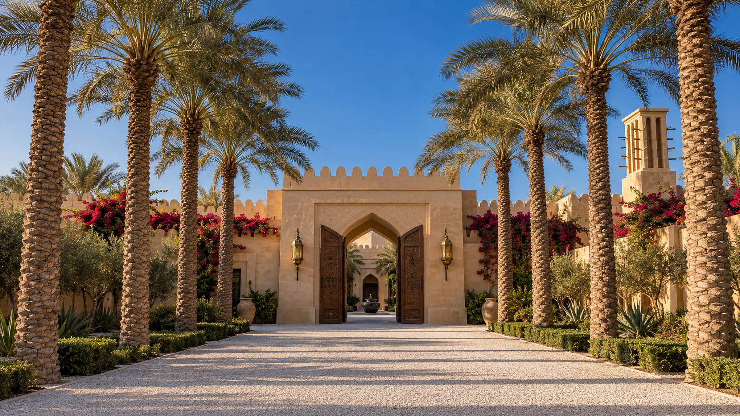 The palace gatehouse at the end of a gravel drive lined with date palms, its carved cedar doors open