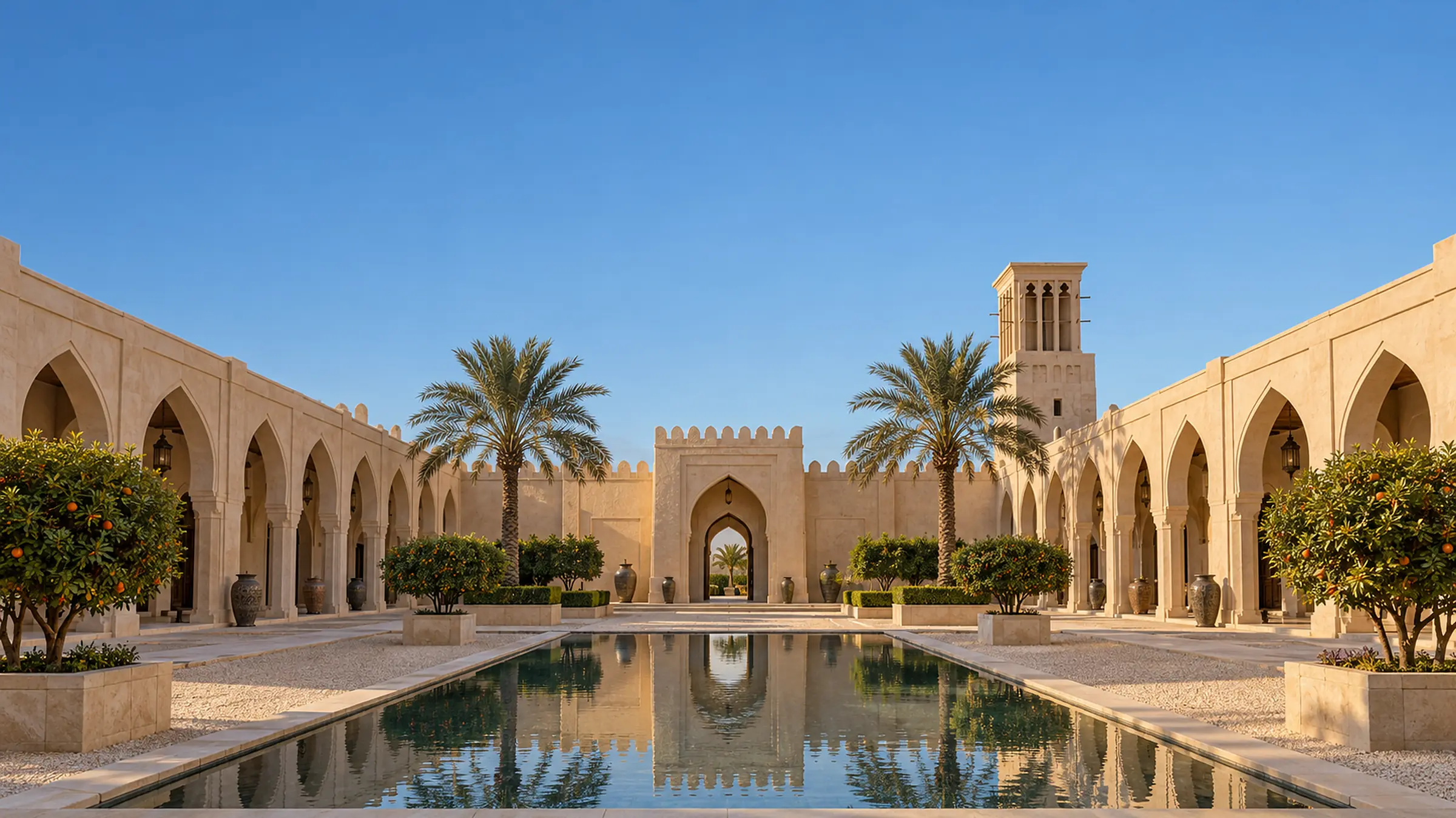 A long sand-stone arcade beside a still reflecting pool inside Dar Zilal, a wind tower above it against a clear blue sky