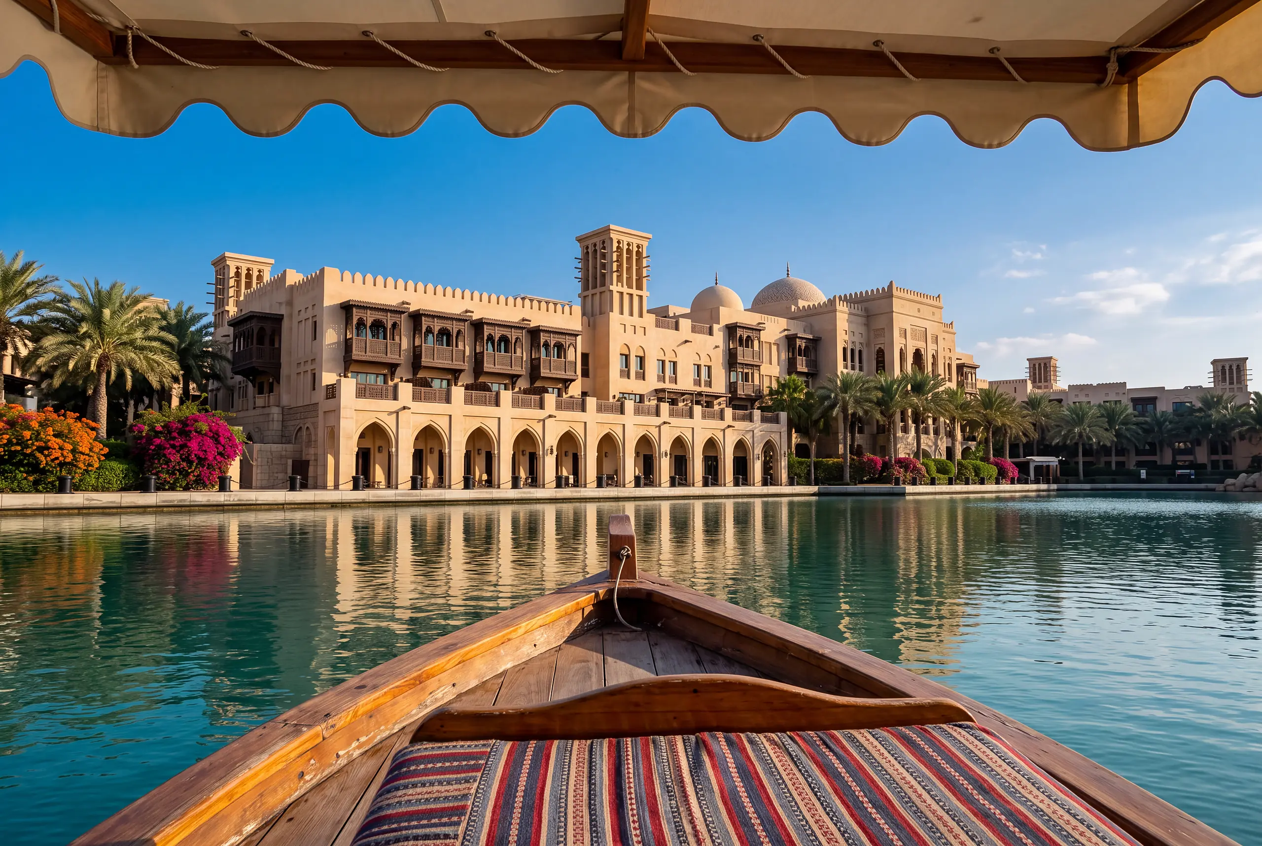 The view from an abra's bench across the lagoon to the palace waterfront