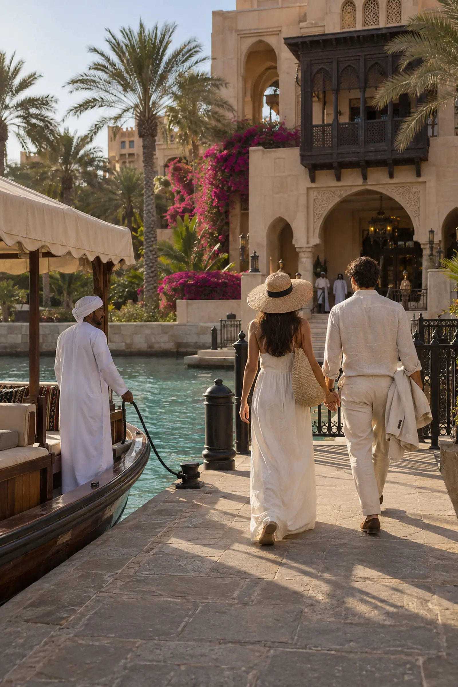 Guests step off an abra onto the palace jetty, a boatman holding the rope