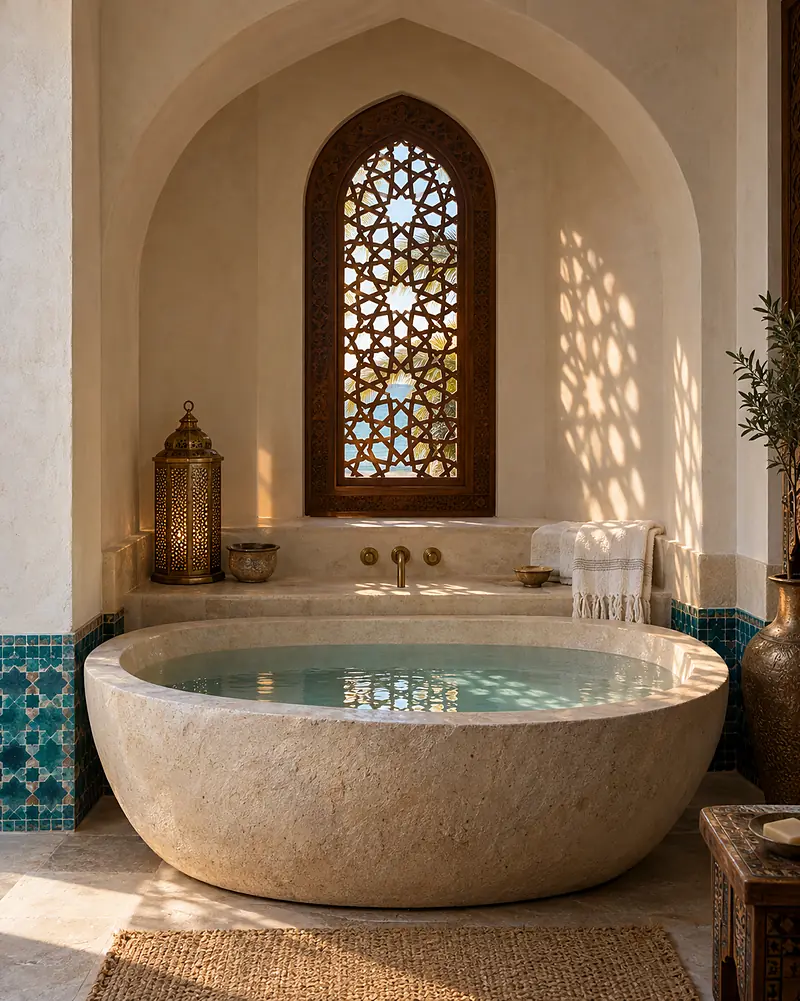 A Lagoon Room bath: a deep sand-stone tub in a niche under a low arch, a pierced cedar window above