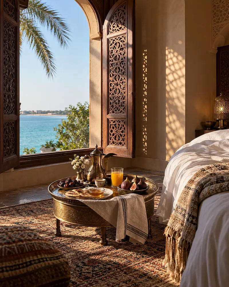 Breakfast served in a suite: coffee, dates, labneh and warm flatbread on a brass tray