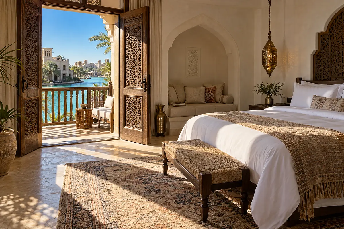 A Lagoon Room: a linen-dressed bed facing open timber doors and a balcony over the turquoise lagoon