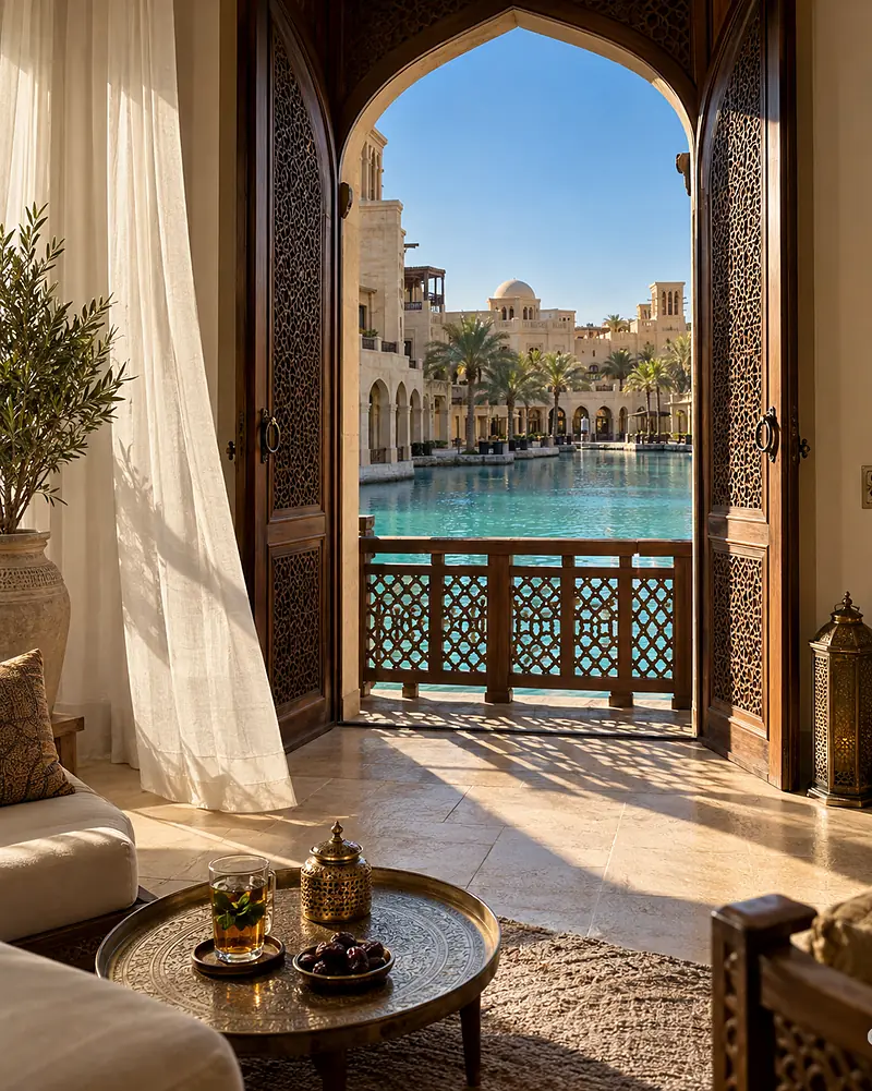A Mashrabiya Suite majlis: carved cedar doors open onto a balcony over the lagoon, a brass coffee tray on the table