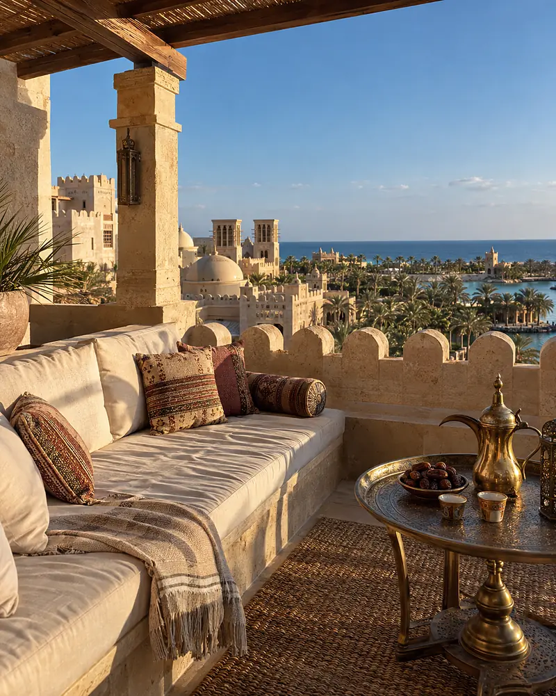 The private roof majlis of a Tower Suite: cushions along a crenellated parapet, the palace and the sea beyond