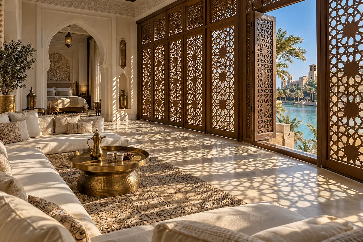 A Mashrabiya Suite: sunlight through a carved cedar screen falling across a majlis of low cushions