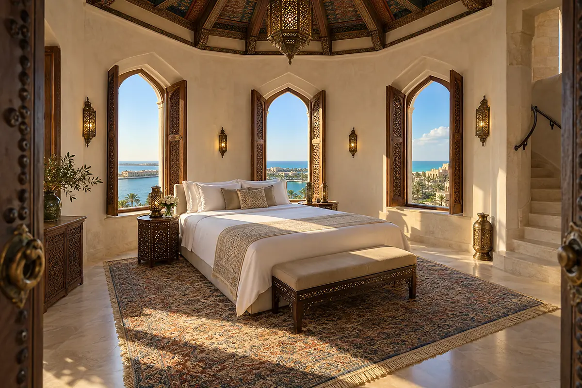 A Tower Suite: an octagonal room with tall windows on every side and the lagoon below