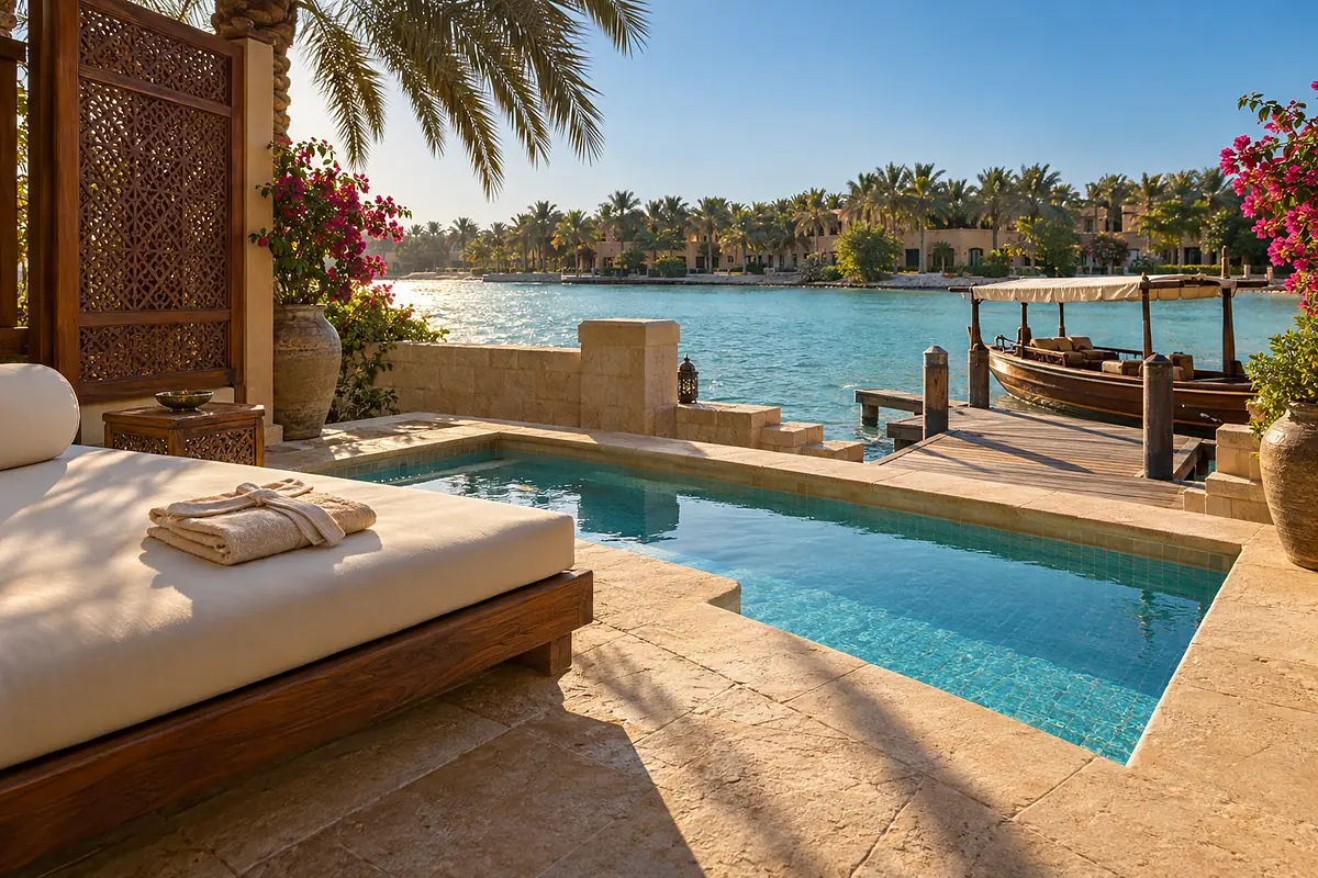A Lagoon Villa terrace: a plunge pool, day beds and the private jetty on the lagoon