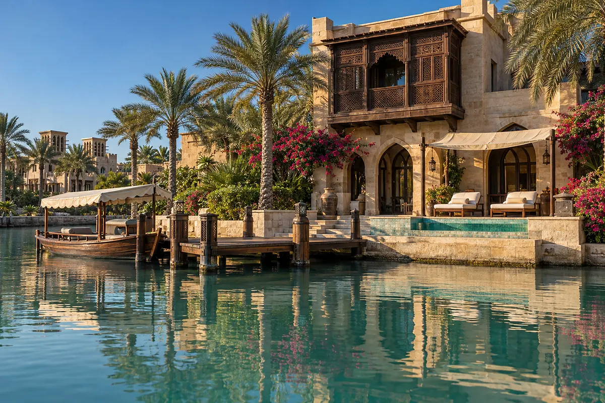 A Lagoon Villa: a sand-stone house on the quay with a plunge pool on the terrace and a moored abra