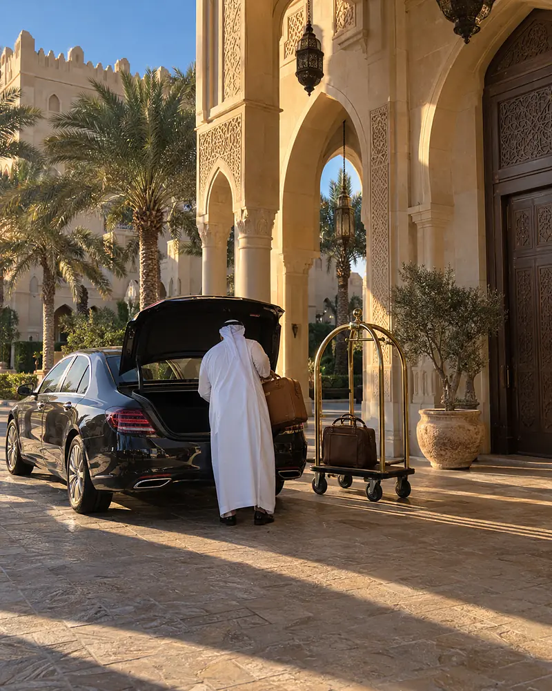 The hotel’s car waiting in the shade of the gatehouse arcade, a driver lifting luggage into the boot
