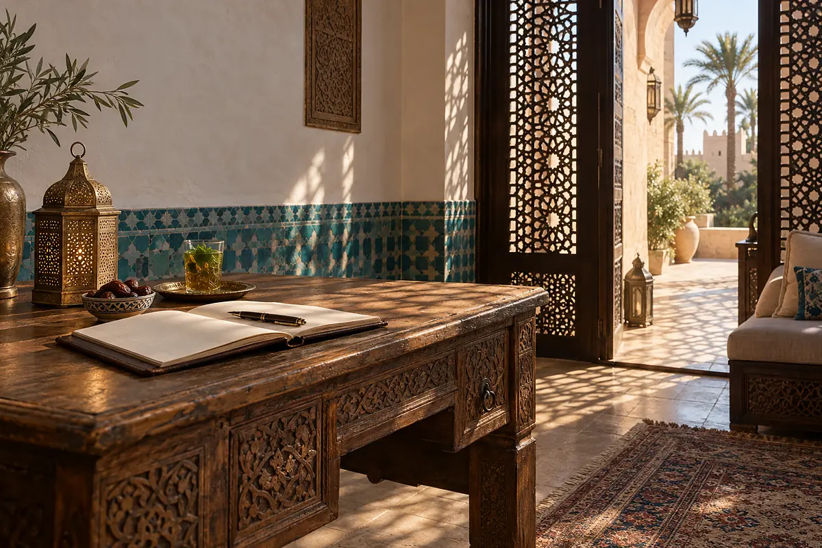A cedar writing desk in the gatehouse majlis with a brass lantern, a leather guest book and a glass of mint tea
