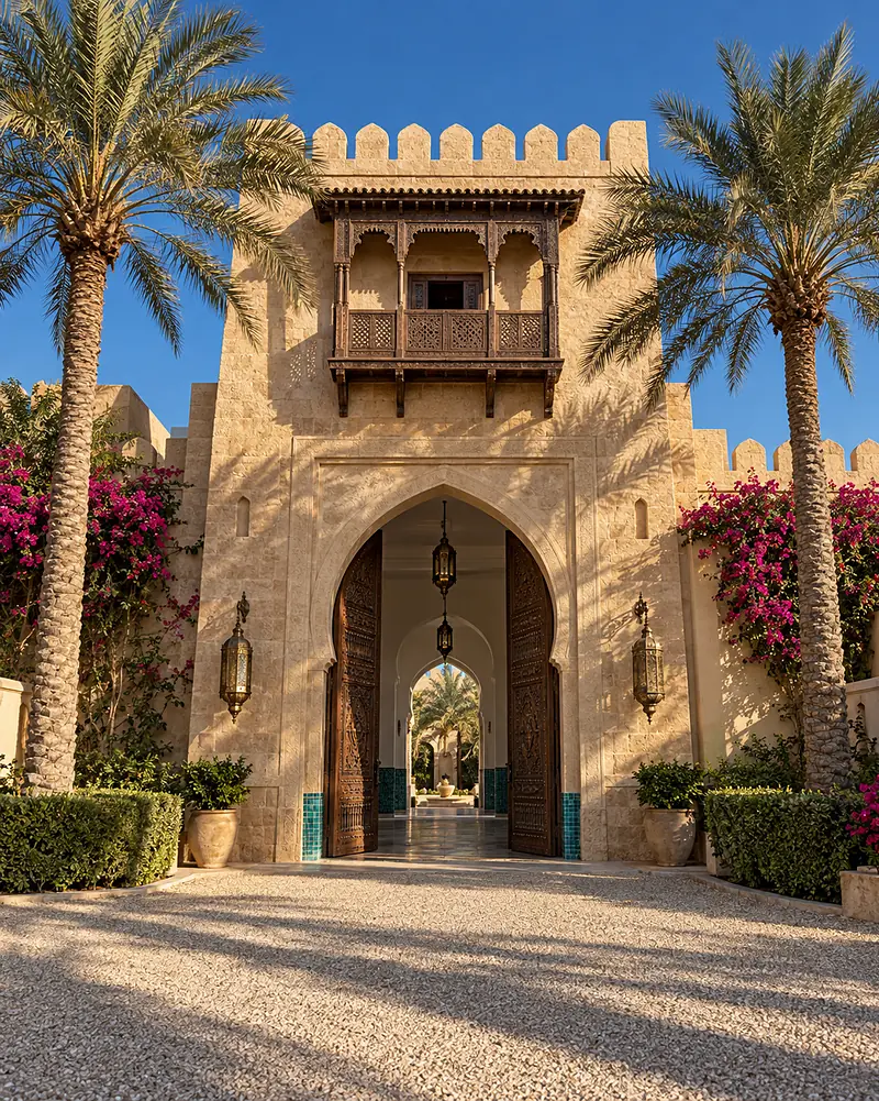 The palace gatehouse on Al Sufouh Road: carved cedar doors in a sand-stone arch between date palms
