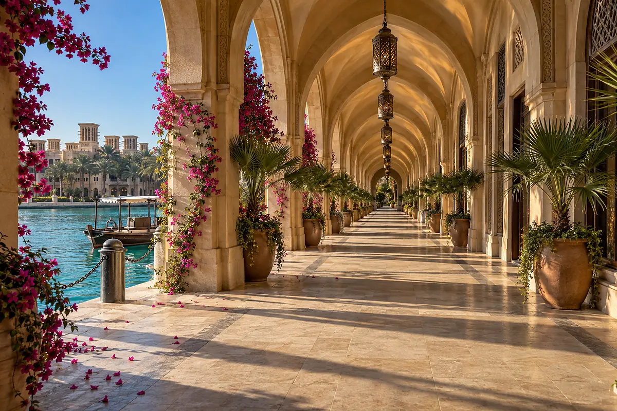 A long sand-stone arcade of pointed arches along the quay, lanterns hanging from the vault and bougainvillea at the lagoon side