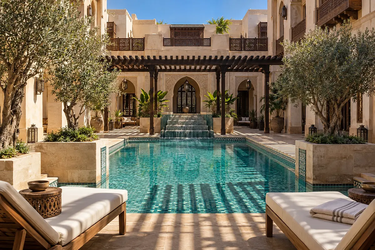The inner court pool fed by a stepped stone cascade under a timber pergola