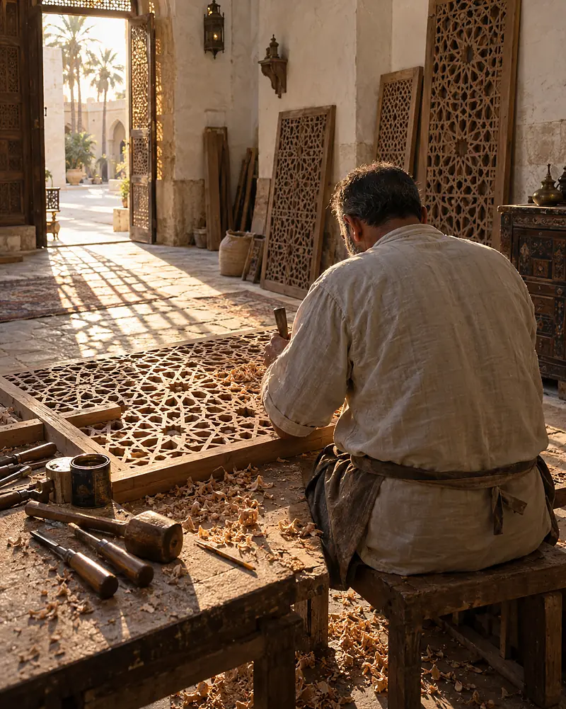 A joiner seen from behind carving a cedar screen at a workbench in a sunlit stone workshop